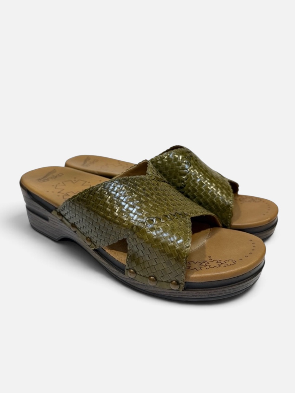 Dansko Mila Leather Basket Weave Crisscross Slide Sandal Clog Olive NWOB EU41